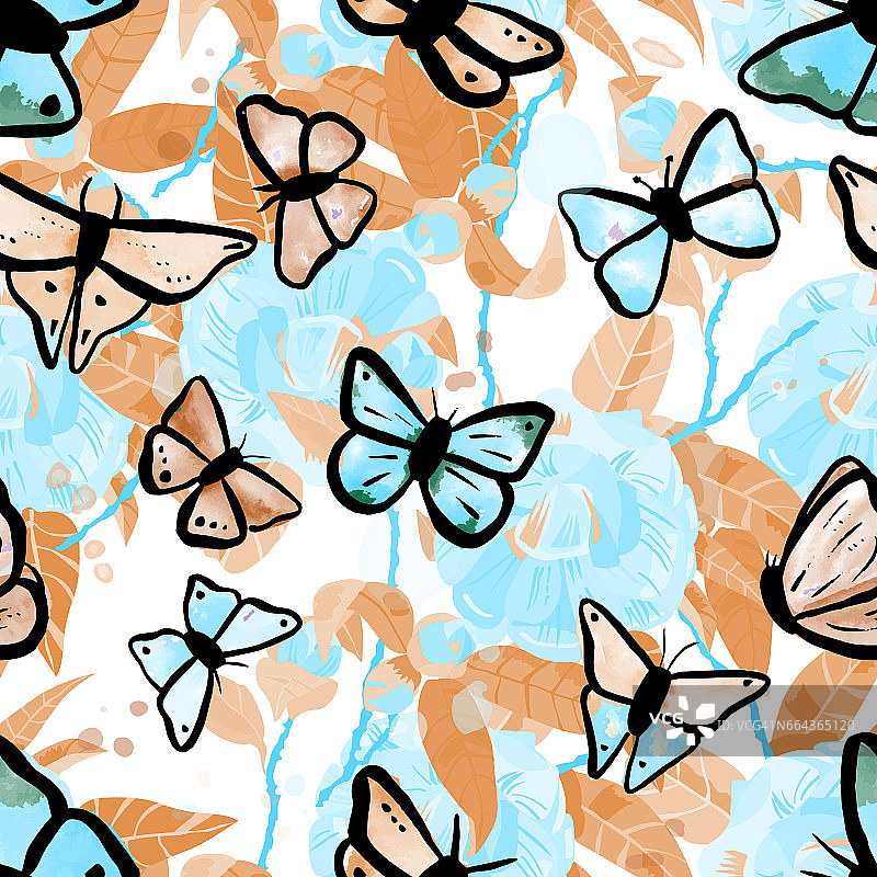 无缝图案与水彩茶花和蝴蝶图片素材