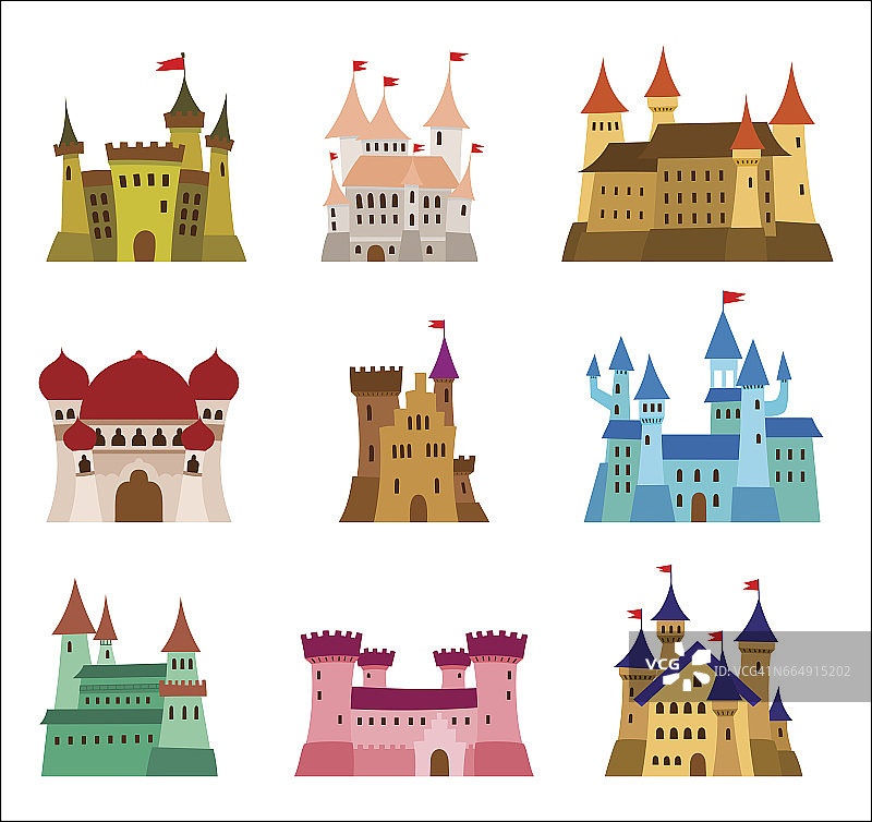 城堡和堡垒平面设计矢量图标。废墟，大厦，宫殿，别墅和其他中世纪建筑的插图图片素材