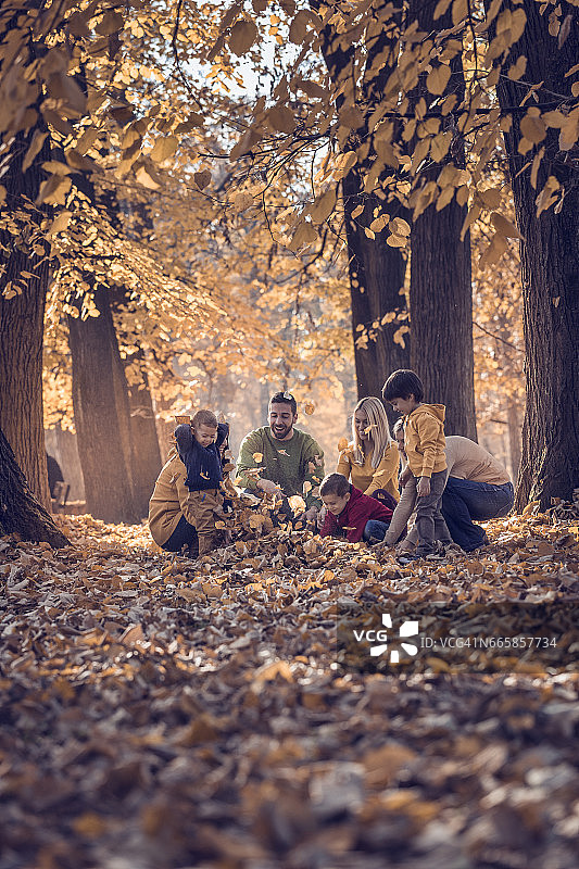 一群单身父母和孩子们在公园里玩树叶图片素材