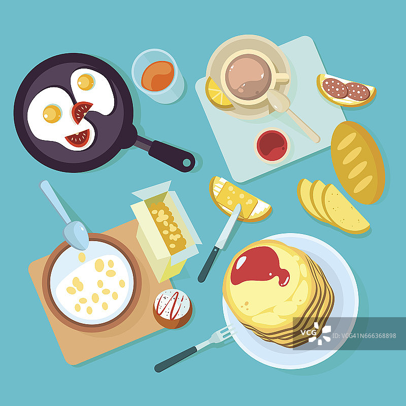 新鲜健康的早餐食品和饮料俯视图孤立在蓝色背景图片素材