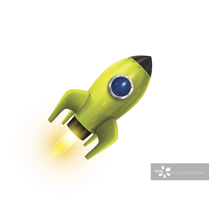 火箭图标3d，现实的绿色物体白色背景，矢量插图图片素材