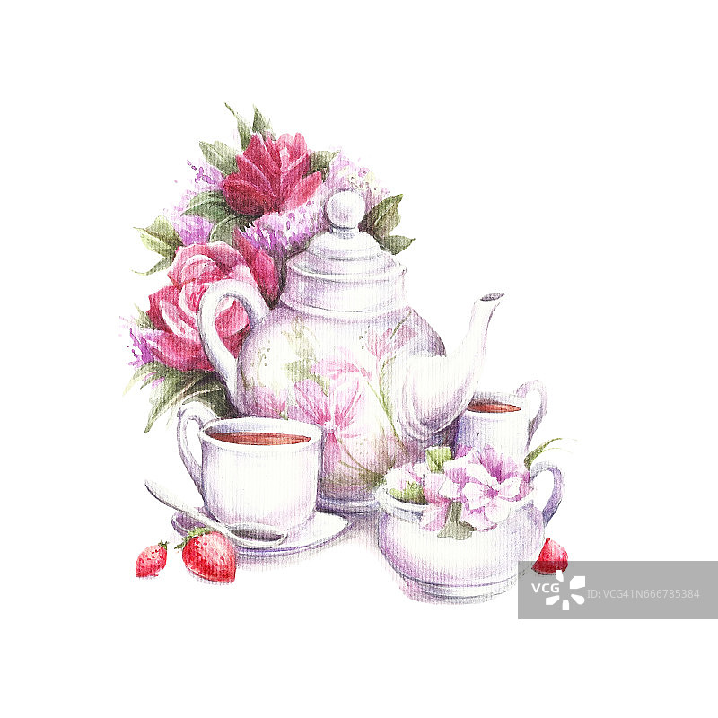 由茶和花组成。手绘水彩插图。图片素材