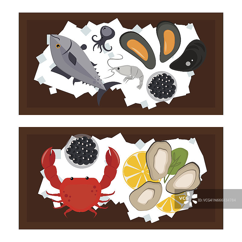 海鲜平美味烹饪美味可用于布局广告和鲜虾贝类网站设计美食餐厅餐点矢量插画图片素材