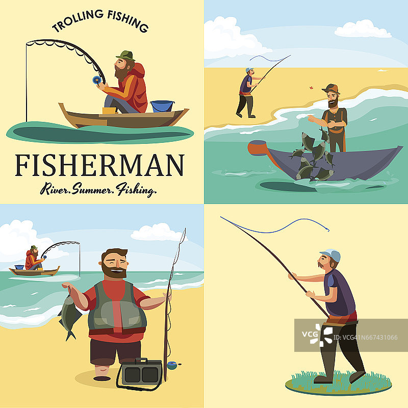 一套卡通渔民捕鱼坐渔船渔民扔鱼竿入水，快乐的渔民抓住和旋转，人拉网出水，捕鱼在冰上的图标矢量插图图片素材
