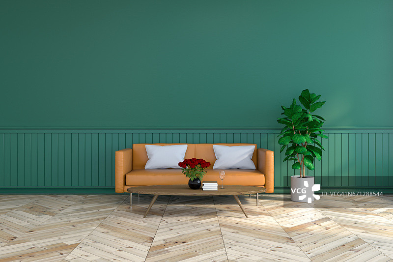 复古的室内，棕色的真皮沙发在木地板和深绿色的墙壁/3d渲染图片素材