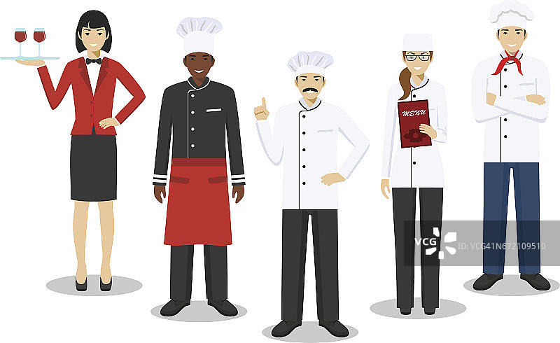 餐厅团队概念。群体人物形象:在白色背景上孤立的平面风格中，身着不同制服和位置的主厨、厨师、侍酒师和女招待。矢量图图片素材