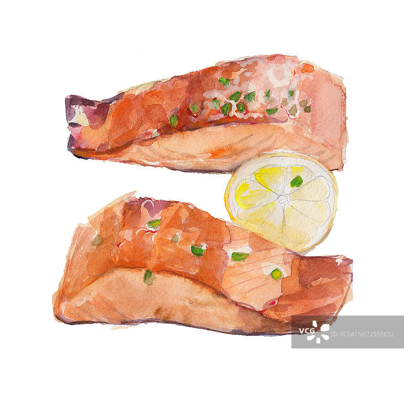 煎三文鱼片与柠檬孤立在白色背景，水彩插图手绘风格。图片素材