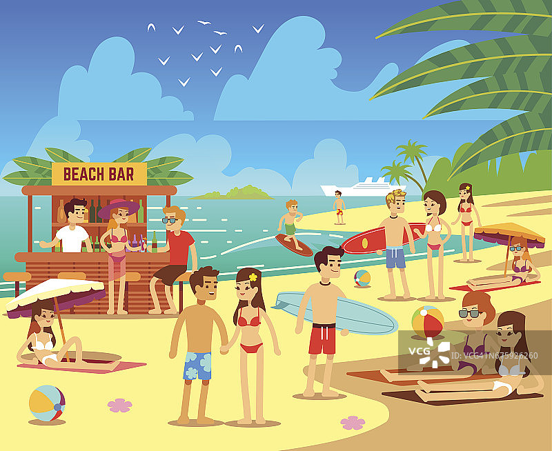 夏日海滩与日光浴放松的年轻男女矢量插图图片素材