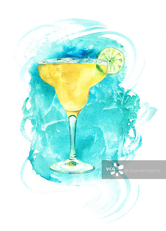 水彩玛格丽塔鸡尾酒与蓝绿色和copyspace图片素材