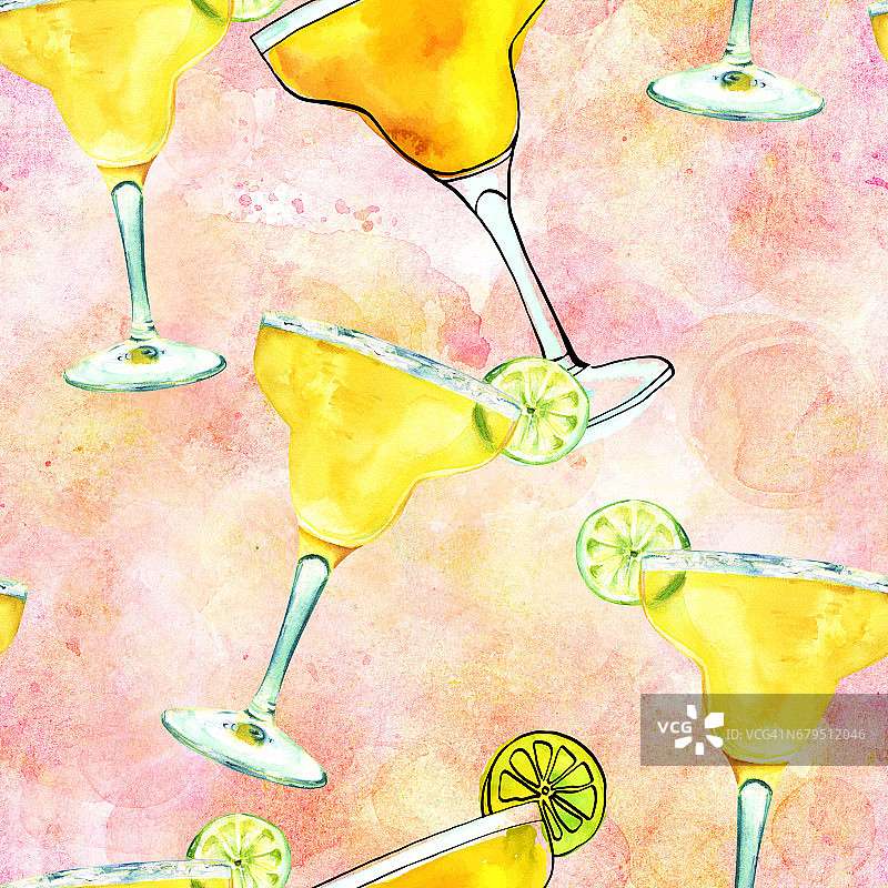 无缝图案，水彩玛格丽塔鸡尾酒在粉红色的背景图片素材
