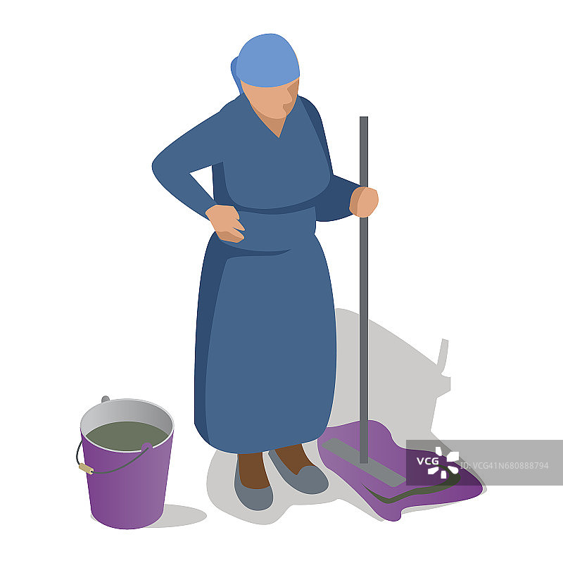 一位老妇人手里拿着拖把和水桶正在打扫。图片素材