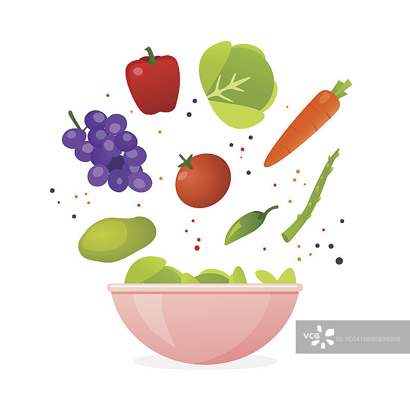 一碗新鲜蔬菜沙拉，健康食品。平面设计风格现代矢量插图概念。图片素材