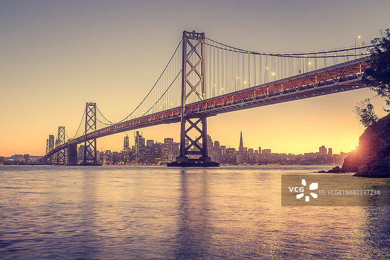 美国加州，旧金山和奥克兰海湾大桥日落时的天际线图片素材
