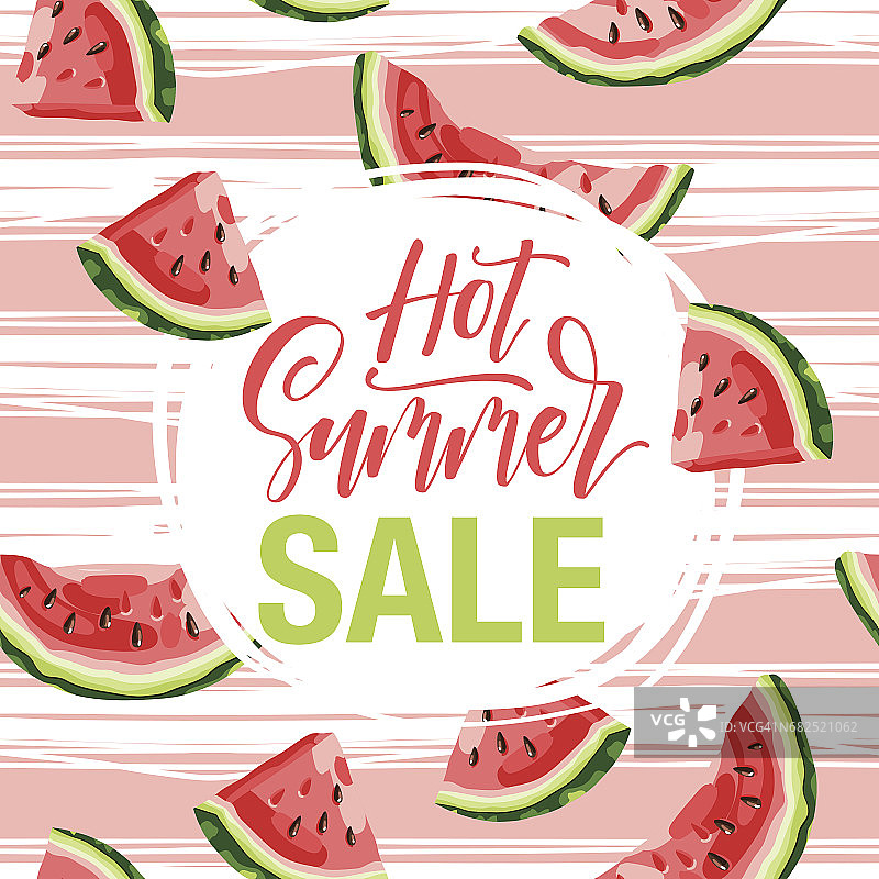 夏季销售-手绘字母短语孤立的背景与西瓜。广告模板横幅，商店和商店海报设计和季节传单。图片素材