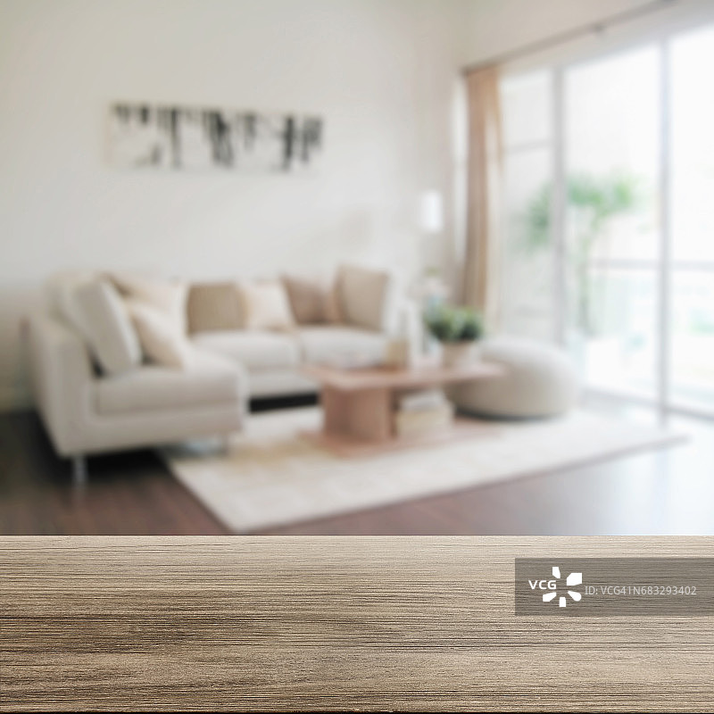 木质桌面与现代客厅内部的模糊图片素材