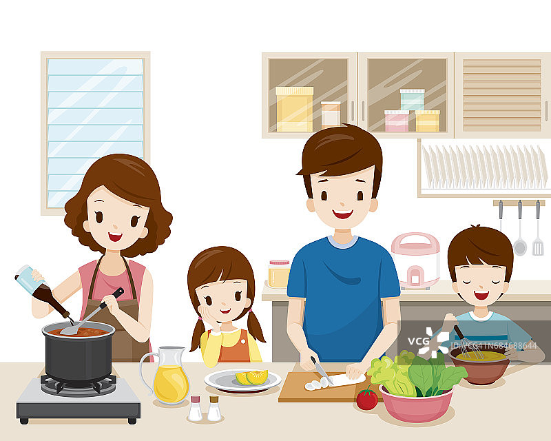 幸福家庭一起在厨房做饭图片素材