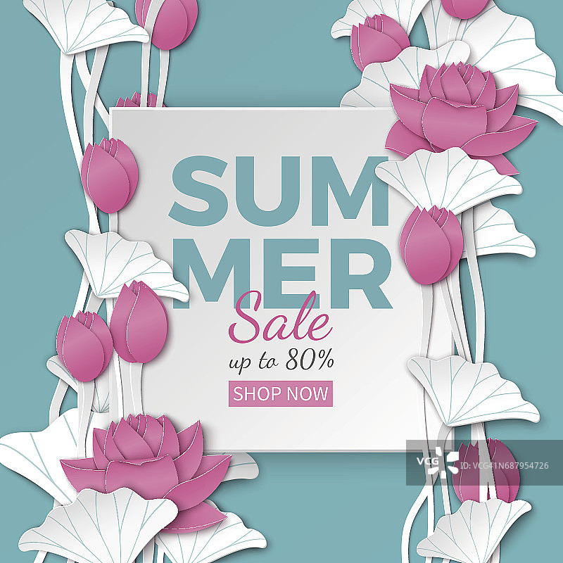 夏季销售横幅与剪纸框架和盛开的粉红色荷花在蓝色花卉背景横幅，传单，邀请，海报，网站或贺卡图片素材
