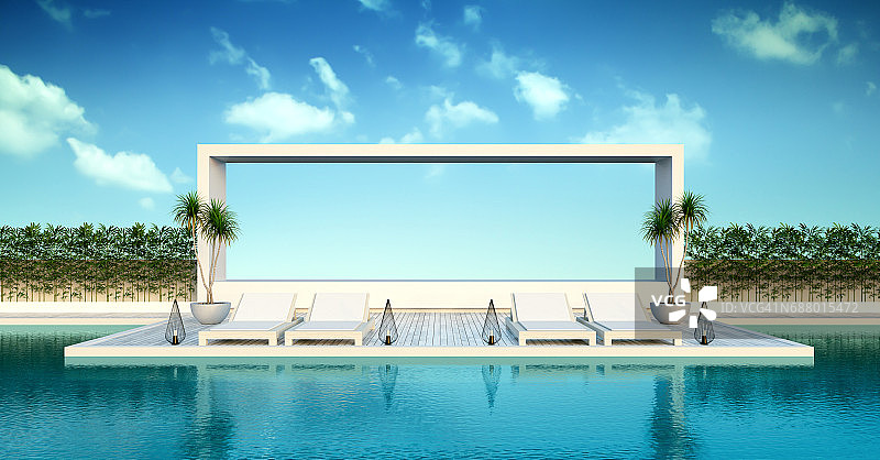 海滩生活，阳光躺椅在豪华别墅泳池露台/3d渲染图片素材