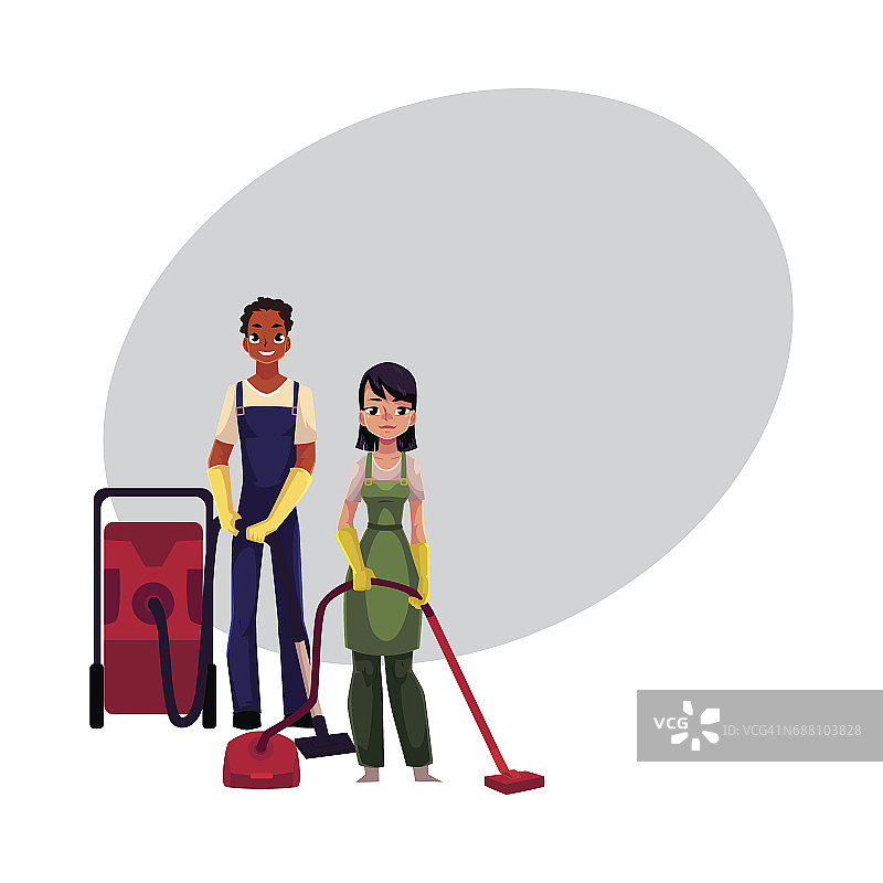 清洁工，男人，女人，穿着工装裤用吸尘器图片素材