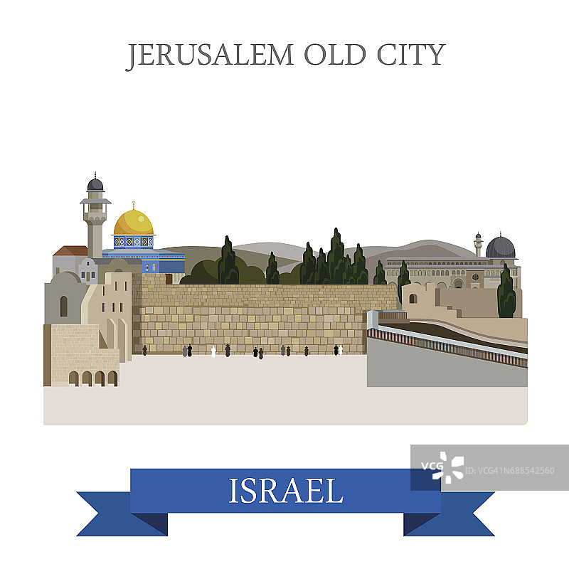 耶路撒冷，以色列的老城。平面卡通风格的历史景点展示景点网站矢量插图。世界各国城市度假旅游观光亚洲收藏。图片素材