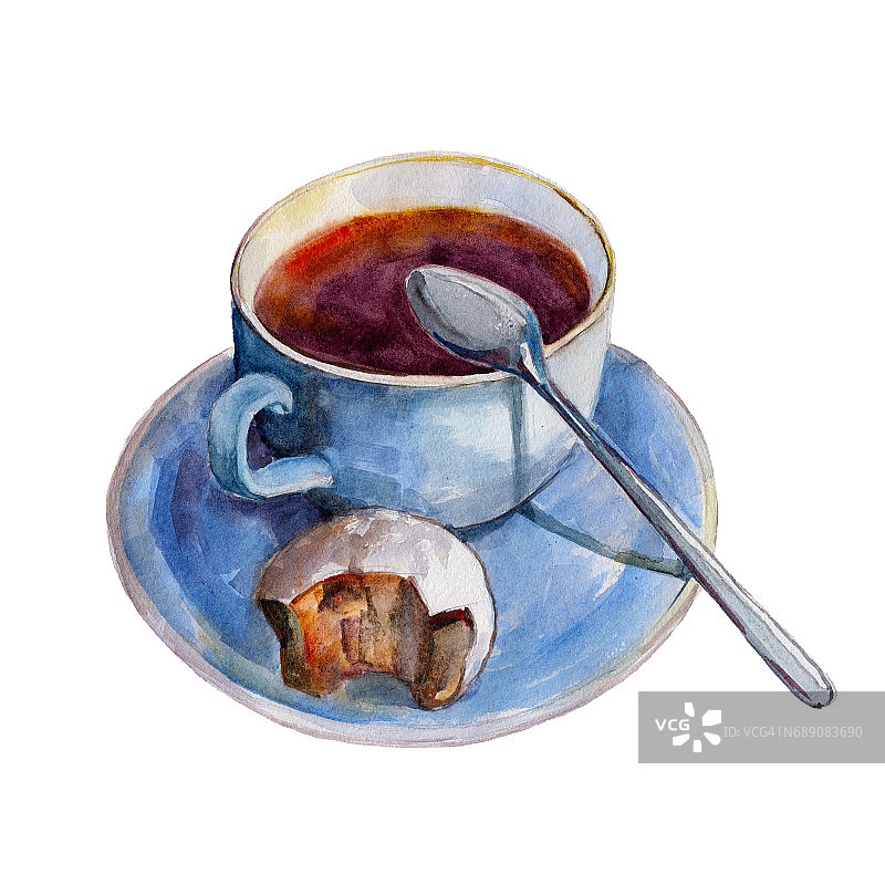 白色背景上孤立的茶杯、盘子、馅饼片和勺子，手绘水彩画插图。图片素材