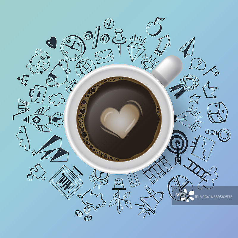 创意概念与现实的咖啡杯和手绘图标。平躺风格图片素材