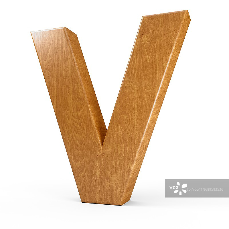 3D渲染木材材料字母V孤立的白色背景图片素材
