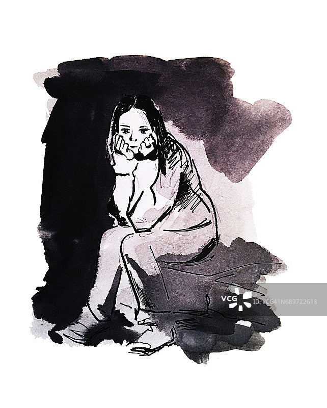 坐着的女孩，手绘水彩插图图片素材