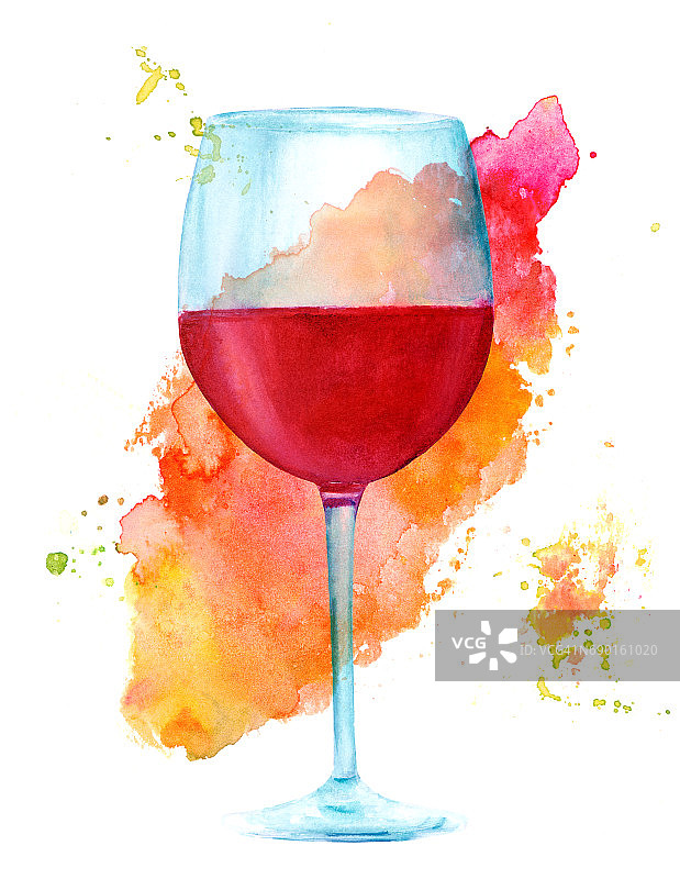 水彩红酒玻璃与充满活力的笔触纹理图片素材