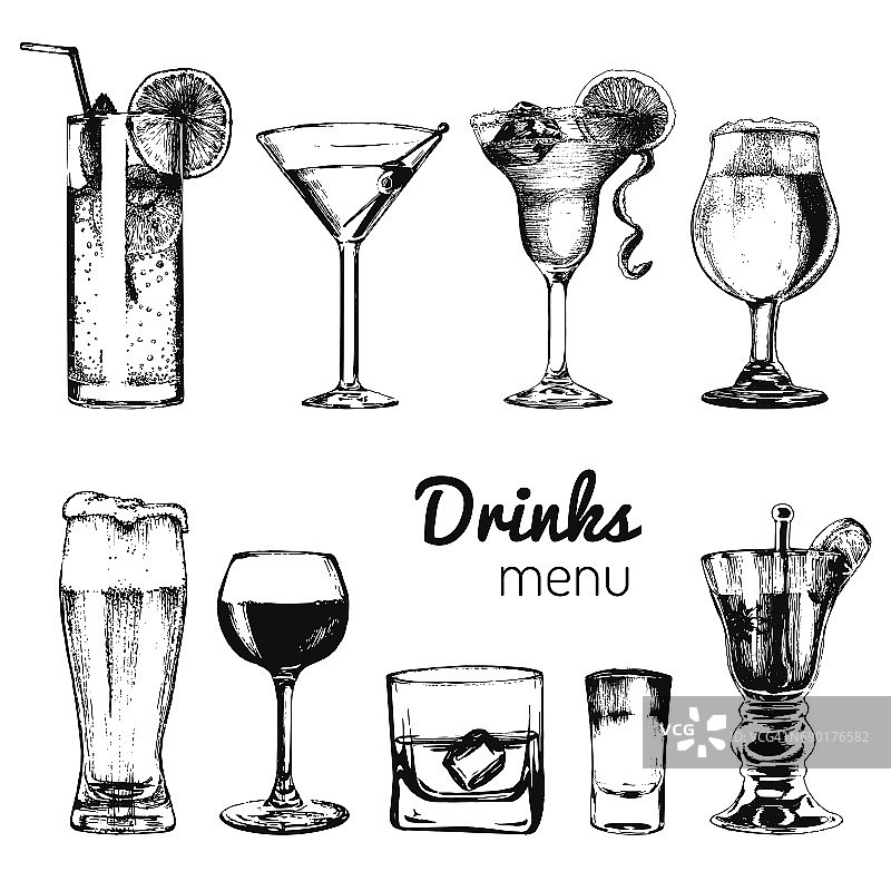 酒吧，餐厅，咖啡馆菜单的鸡尾酒，饮料和玻璃杯。手绘酒精饮料矢量插图集。图片素材