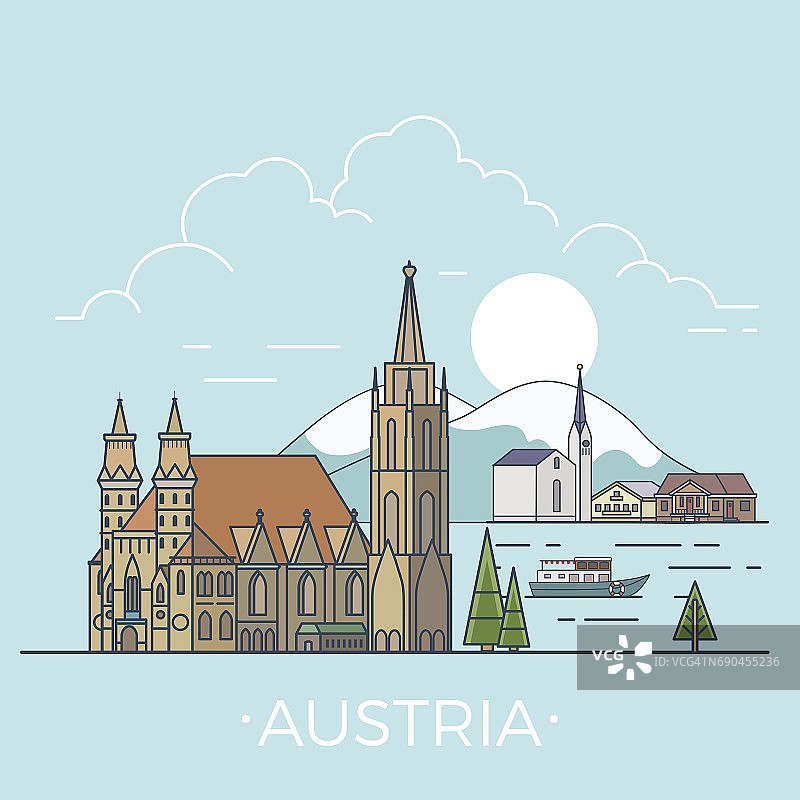 奥地利国家设计模板。线性平坦著名历史景观;卡通风格的网站矢量插图。欧洲世界旅游展场，欧洲度假收藏。图片素材
