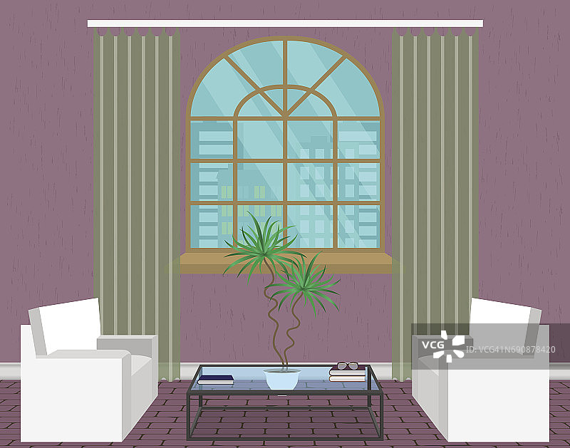 现代客厅室内设计。轻阁楼沙发，窗户，玻璃桌子和室内植物。图片素材