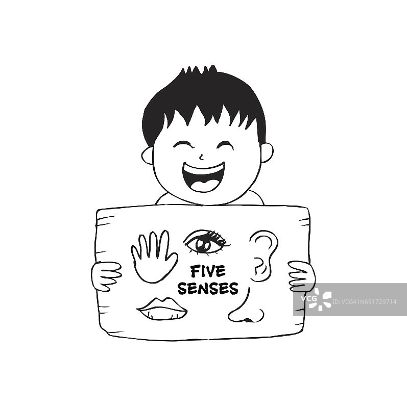 男孩拿着一张纸有五种感觉。手绘插图。图片素材