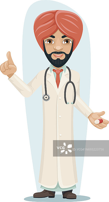 质量治疗头巾阿拉伯男性严重经验丰富的医生与药丸药在手上食指向上建议布道告诫Manl字符孤立图标医疗复古卡通设计矢量插图图片素材