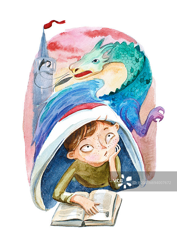 水彩插图孤立的白色背景。拿着书的男孩梦到了一条巨龙图片素材