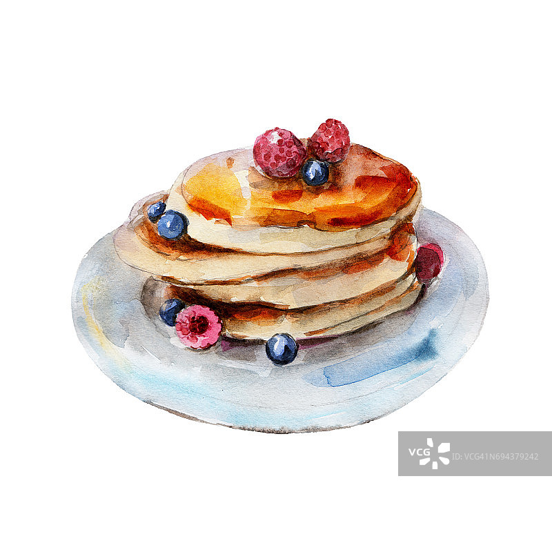 白色背景上孤立的浆果煎饼，手绘水彩插图。图片素材