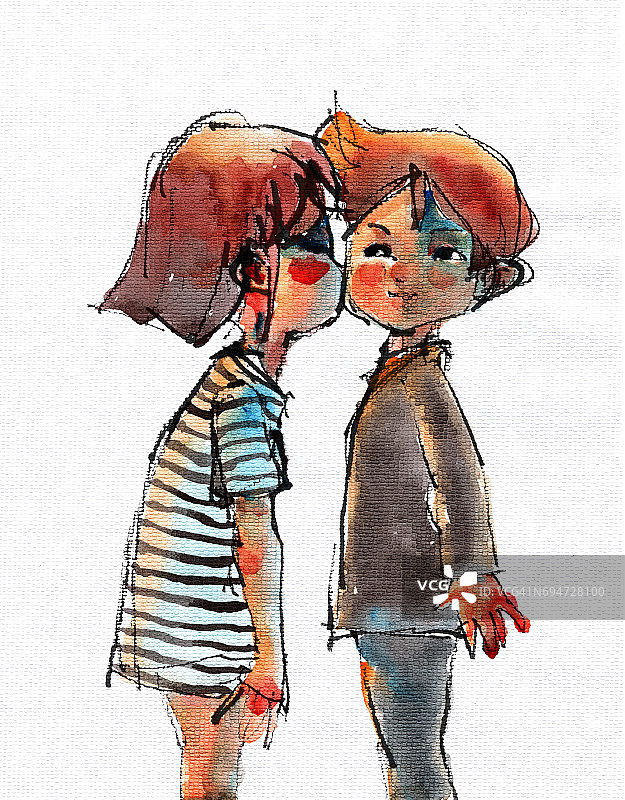 吻女孩和男孩的水彩插图图片素材