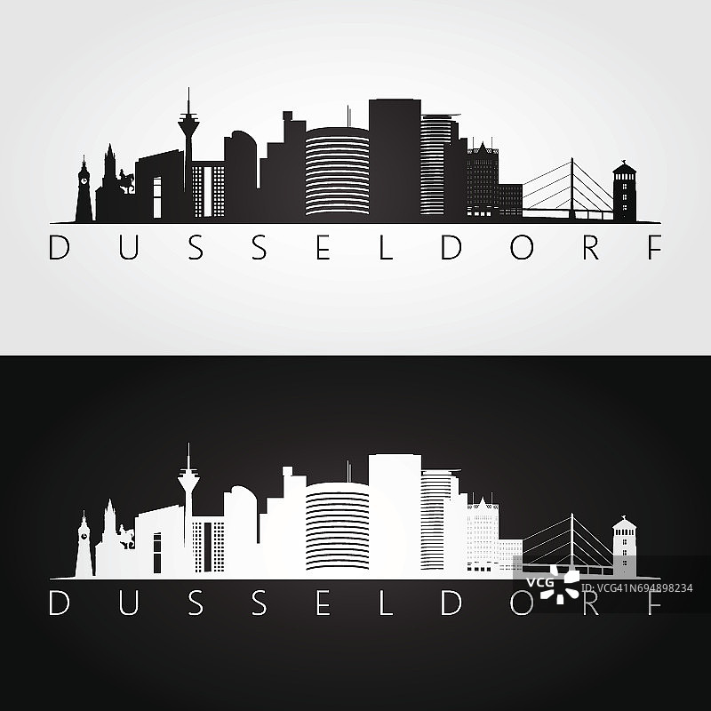 杜塞尔多夫的天际线和地标剪影，黑白设计，矢量插图。图片素材