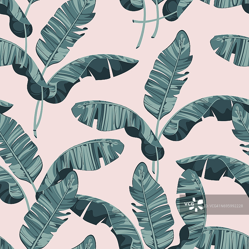 由异国情调的棕榈芭蕉叶在浅粉色的背景。打印夏季无缝矢量图案壁纸图片素材