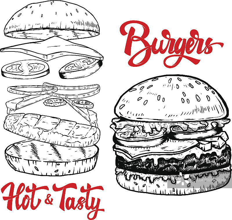 一套手绘汉堡插图。设计元素海报，菜单，传单。矢量插图图片素材
