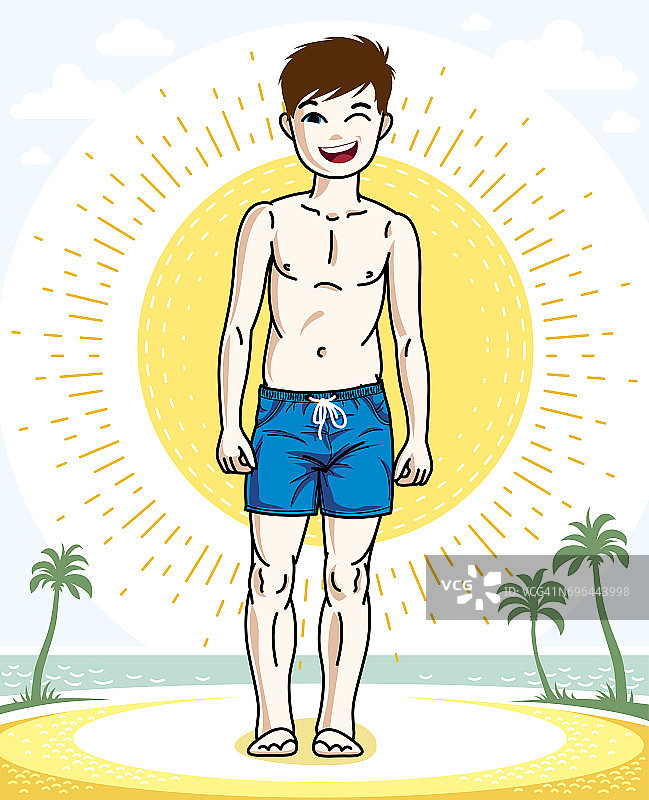年轻的男孩可爱漂亮的站在五颜六色的时尚沙滩短裤。矢量美丽的人类插图。童年生活剪辑艺术。图片素材