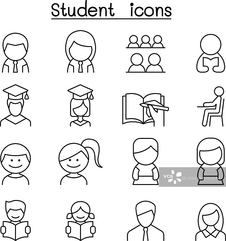 学生和教育图标设置在细线风格图片素材