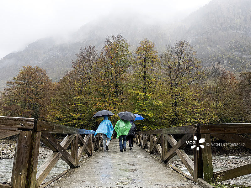 在秋天的森林里，人们撑着雨伞走在横跨河流的木桥上。Ordesa国家公园图片素材