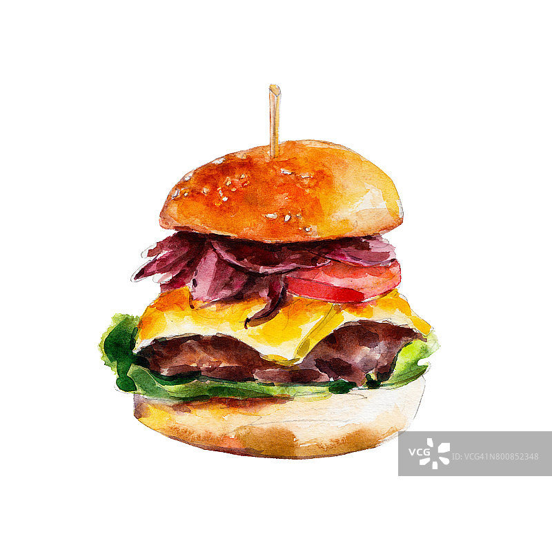 汉堡与培根和新鲜蔬菜，水彩插图孤立在白色背景。图片素材