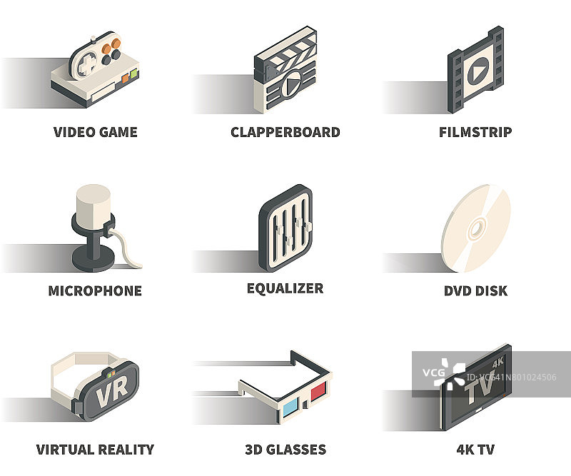 等距3D网页图标集-视频游戏，拍板，幻灯片，麦克风，均衡器，DVD光盘，虚拟现实，3D眼镜，4K电视。图片素材