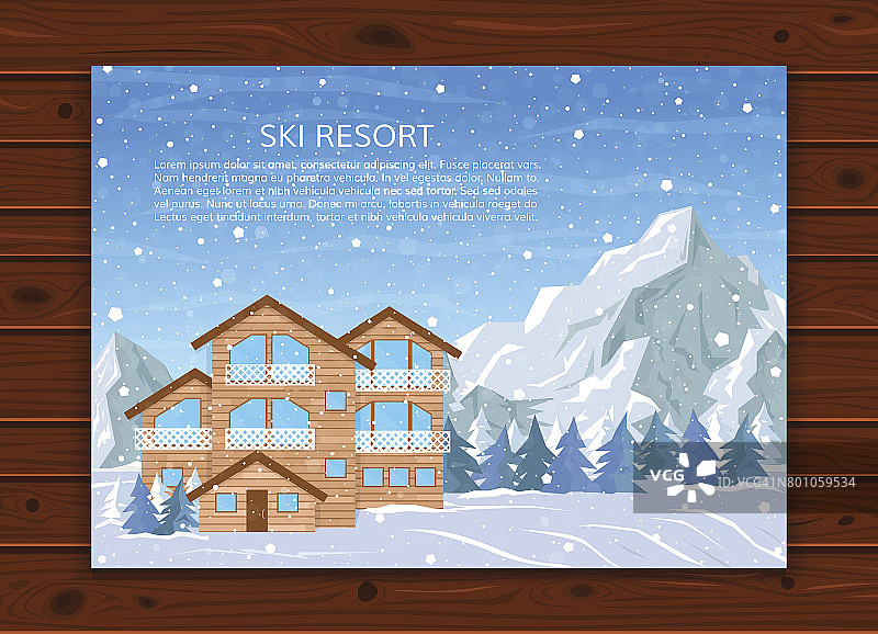 滑雪胜地，酒店，或冬季家庭住宅圣诞假期的雪山景观，松树林和飘落的雪。矢量插图在平面风格的贺卡。图片素材