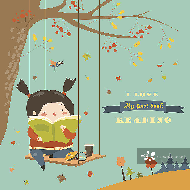 可爱的女孩在秋天的公园里荡秋千和看书图片素材