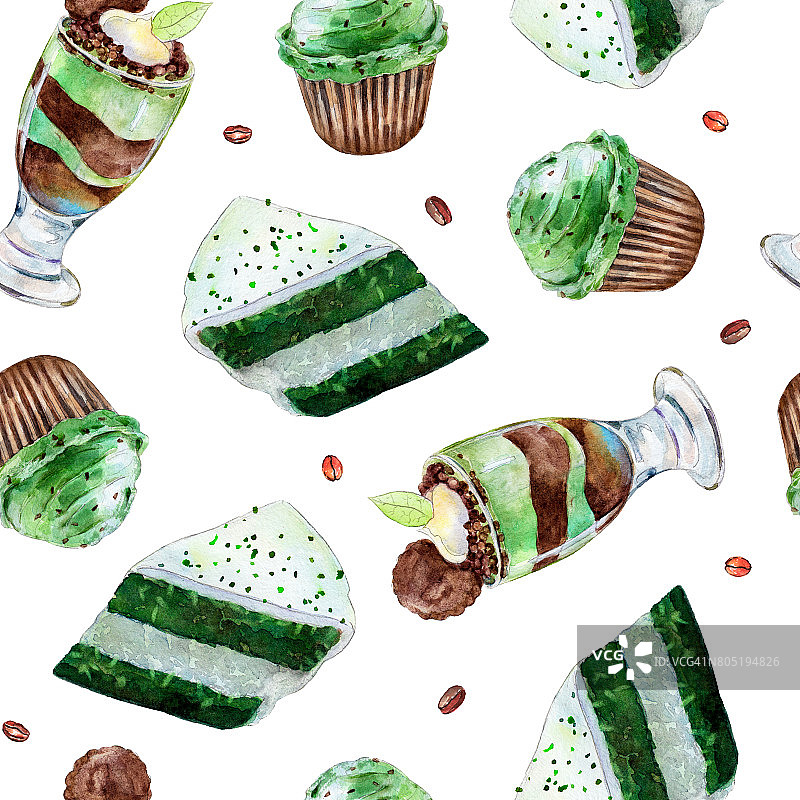 无缝模式与蛋糕，杯蛋糕和小酒杯沙漠，水彩插图在手绘风格的白色背景。图片素材