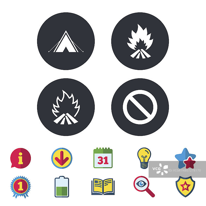 旅游露营帐篷标志。火灾火焰图标。图片素材