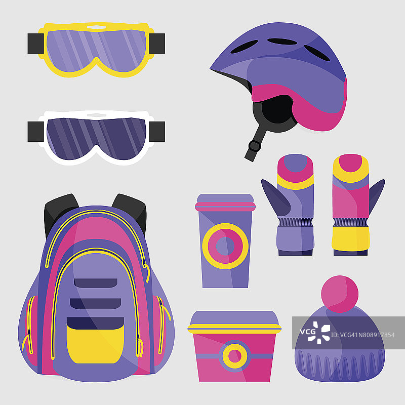 滑雪，单板滑雪配件-头盔，背包，面具，手套，午餐盒，杯子图片素材